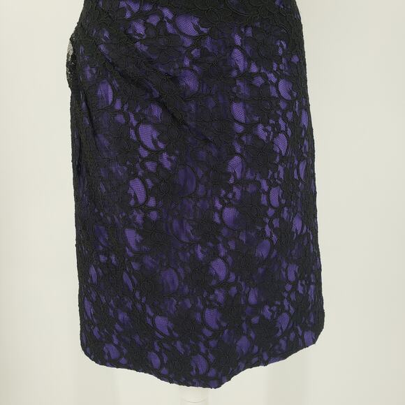 Mori Lee One Shoulder Lace Cocktail Dress 0 Sheath Ruffle Ruched Black Purple - Picture 7 of 10